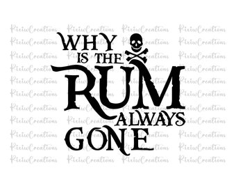 May include: Black and white graphic design with a skull and crossbones and the text "Why is the rum always gone?"