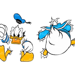May include: Two cartoon images of Donald Duck, one with a blue sailor hat and the other with a blue sailor collar, both with a white background. The first image shows Donald Duck with his fist clenched, looking angry. The second image shows Donald Duck with his back turned, looking like he is running away.