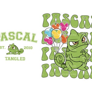 May include: Green cartoon chameleon character called Pascal holding colourful balloons with Mickey Mouse ears. The text "PASCAL EST. 2010 TANGLED" is below the character.