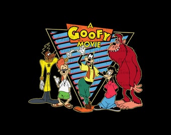 May include: A colorful illustration of characters from the animated film "A Goofy Movie". The characters are standing in front of a yellow, orange, and blue triangle with the title of the film in bold letters.