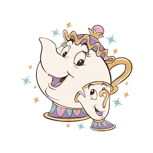 May include: A cartoon illustration of Mrs. Potts, a teapot with a purple and gold lid, and Chip, a teacup with a handle, from the Disney movie Beauty and the Beast. They are both smiling and surrounded by gold and blue stars.