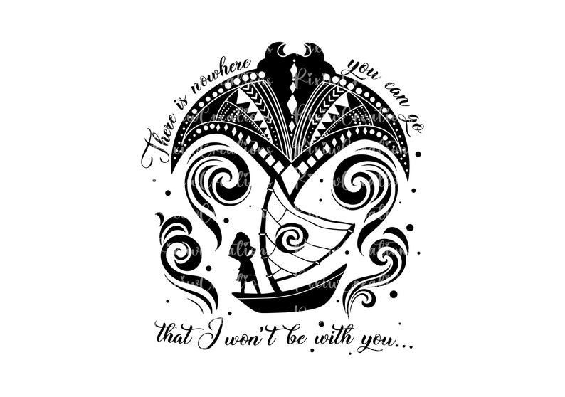May include: Black and white illustration of a stylized island with a boat and a person standing in the boat. The text "There is nowhere you can go that I won't be with you..." is written around the island.