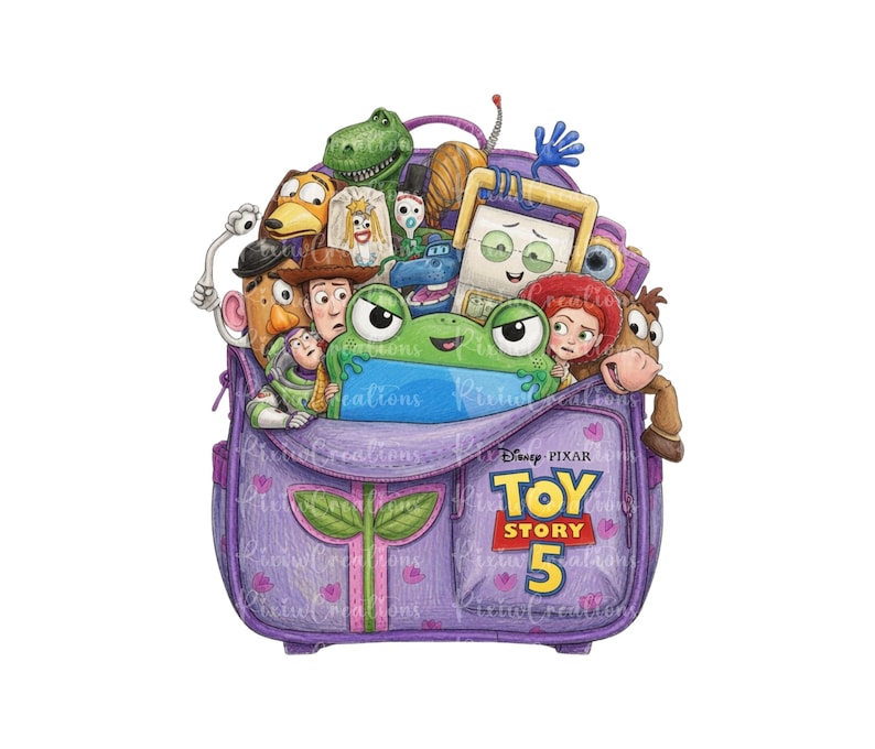 May include: A purple backpack featuring a Toy Story 5 logo and a collection of animated characters including a green frog, a cowboy, a space ranger, a potato figure, a dinosaur, and other toys peeking out from the open main compartment.