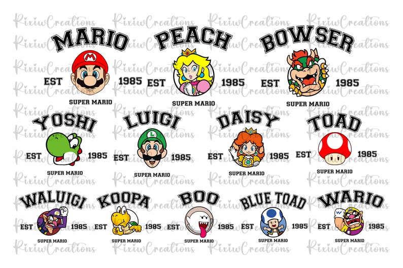 May include: A colorful graphic featuring the Super Mario Bros. characters. Each character has a logo with their name and the text "Super Mario" and "Est. 1985". The characters include Mario, Peach, Bowser, Yoshi, Luigi, Daisy, Toad, Waluigi, Koopa, Boo, Blue Toad, and Wario.