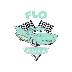 May include: A cartoon illustration of a turquoise car with a chequered flag behind it. The car has a smiling face and the text "FLO Cars" is below it.