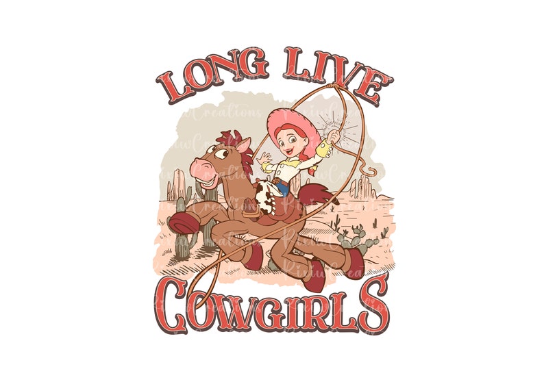 Może przedstawiać: Kresk&oacute;wkowa ilustracja przedstawiająca kowbojke jeżdżącą konno z napisem "Long Live Cowgirls" w czerwonych literach.