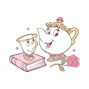 May include: A cartoon illustration of Mrs. Potts, the teapot from Beauty and the Beast, with Chip, the teacup, sitting on a pink book. Mrs. Potts is smiling and has a pink and yellow teapot with a pink rose on the spout. Chip is smiling and has a yellow teacup with a pink handle. The background is white.