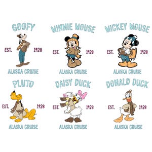 Op de afbeelding: Een set van zes geïllustreerde Disney-personageontwerpen met Mickey Mouse, Minnie Mouse, Goofy, Pluto, Daisy Duck en Donald Duck. Elk personage draagt winterkleding en is gelabeld met hun naam en de tekst "Alaska Cruise" en "Est. 1928".