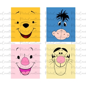 May include: Four cartoon character faces, each in a different coloured square. The top left square is yellow with a smiling Winnie the Pooh face. The top right square is blue with a smiling Eeyore face. The bottom left square is pink with a smiling Piglet face. The bottom right square is yellow with a smiling Tigger face.