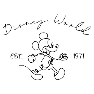 Op de afbeelding: Zwart-witte lijntekening van Mickey Mouse die loopt, met de tekst "Disney World est. 1971" erboven.