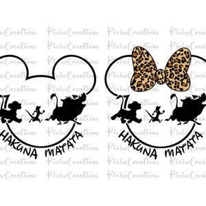 May include: Two black and white Mickey Mouse ears with the words "Hakuna Matata" written inside. One ear has a brown and black leopard print bow on top.