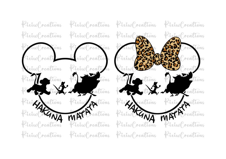 May include: Two black and white Mickey Mouse ears with the words "Hakuna Matata" written inside. One ear has a brown and black leopard print bow on top.