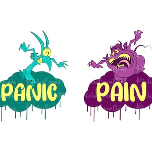 May include: A digital illustration of two cartoon characters from the Disney movie The Little Mermaid. The first character is a green sea monster with a yellow mouth and the text "PANIC" in yellow letters. The second character is a purple sea monster with a yellow mouth and the text "PAIN" in yellow letters.