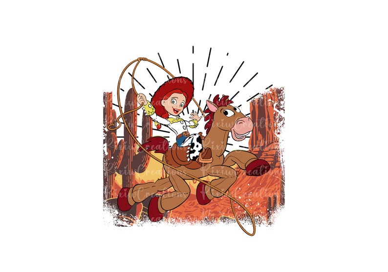 May include: A cartoon illustration of a red-haired girl riding a brown horse with a lasso in her hand. The background is a desert scene with cacti and a distressed, vintage look.