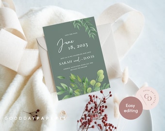 Green Save the Date Printable Invitation Template Downloadable Save the Date Invitation Card Digital Invitation Minimalist Save the Date