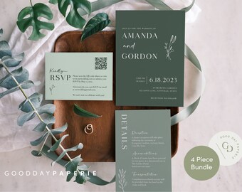 Green Wedding Invitation Suite Printable Wedding Invitation with RSVP Digital Invitation Template Download Wedding Invitation Set Minimalist