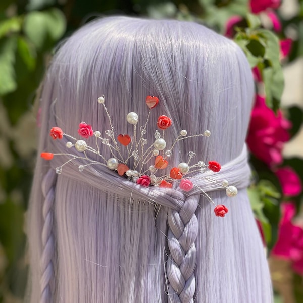 Pink Rose Blossoms, Floral Bridal Hair Comb, Pearl Hair Accessory, Hair Pin for Bride, Maid of Honor,Bridesmaids, Elegant Coral Shell Hearts