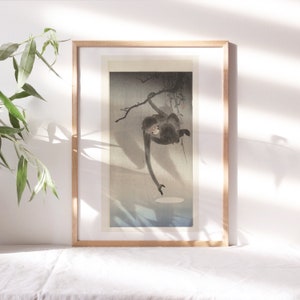 May include: A framed print of a Japanese woodblock print depicting a monkey hanging from a branch. The monkey is black and has a white face. The background is a light blue and gray.