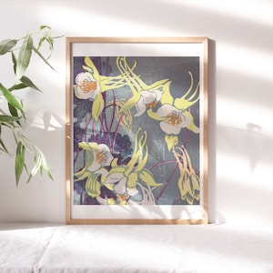 May include: A framed print of a botanical illustration featuring yellow and white columbine flowers with purple stems and leaves on a blue background.