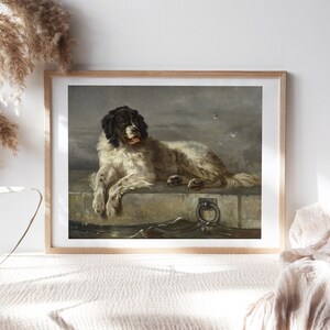 May include: A painting of a black and white Newfoundland dog lying on a stone pier. The dog is looking to the right, with its tongue slightly sticking out. The background is a cloudy sky with a few birds flying.