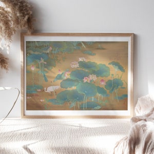 Lin Yu-san, Lotus Pond, 1930 Asian Still Life Wall Art, Office Wall Prints Premium Canvas Botanical Crane Painting Reproduction Flr-252