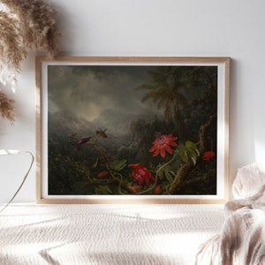 Martin Johnson Heade, Passion Flowers w Three Hummingbirds, 1875 Wall Décor, Romantic Canvas Wall Art Print, Painting Reproduction Flr-178