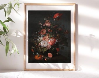 Rachel Ruysch, Flower Still Life, 1726 Bold Moody Romantic Feminine Arrangement Premium Wall Art Canvas Botanical Reproduction Flr-290