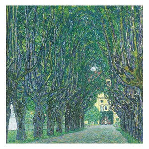 May include: A painting of a long, tree-lined path leading to a yellow building with a large, arched doorway. The trees are painted in a pointillist style, with small dots of green, blue, and yellow paint.