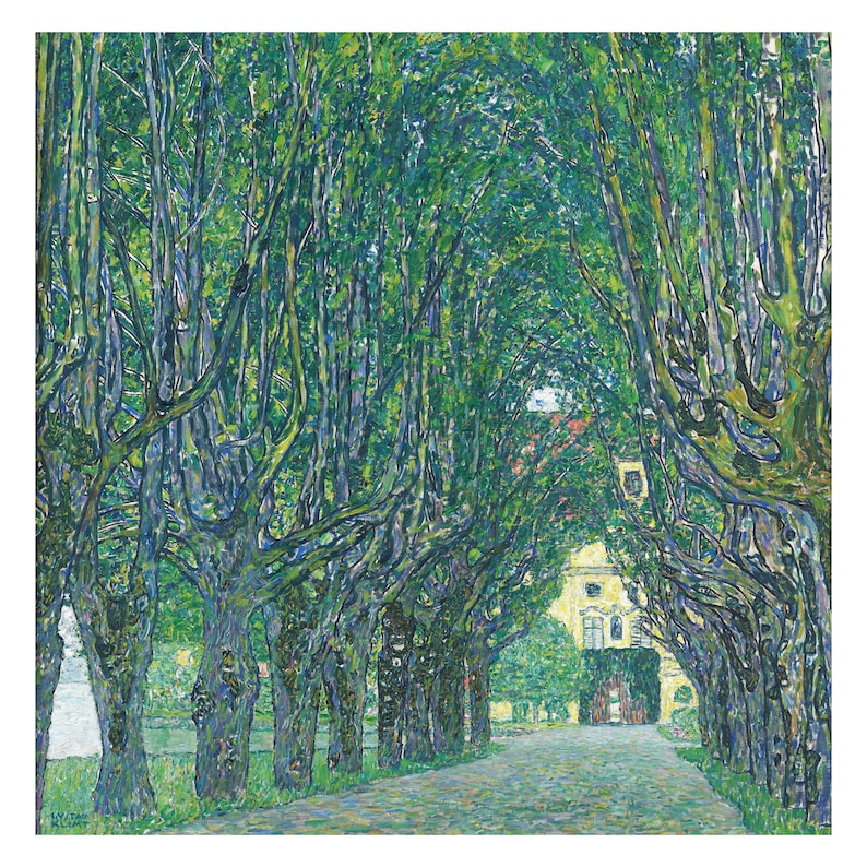 May include: A painting of a long, tree-lined path leading to a yellow building with a large, arched doorway. The trees are painted in a pointillist style, with small dots of green, blue, and yellow paint.