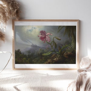 Martin Johnson Heade, Two Hummingbirds with an Orchid, 1875 Wall Décor, Romantic Canvas Wall Art Print, Wall Painting Reproduction Flr-176