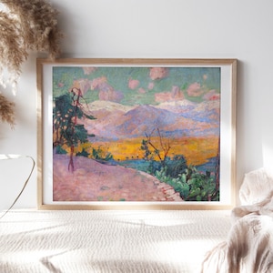 May include: A painting of a landscape with a winding path leading to a mountain range. The mountains are painted in shades of purple, blue, and white, with a yellow field in the foreground. The sky is a light blue with pink clouds.