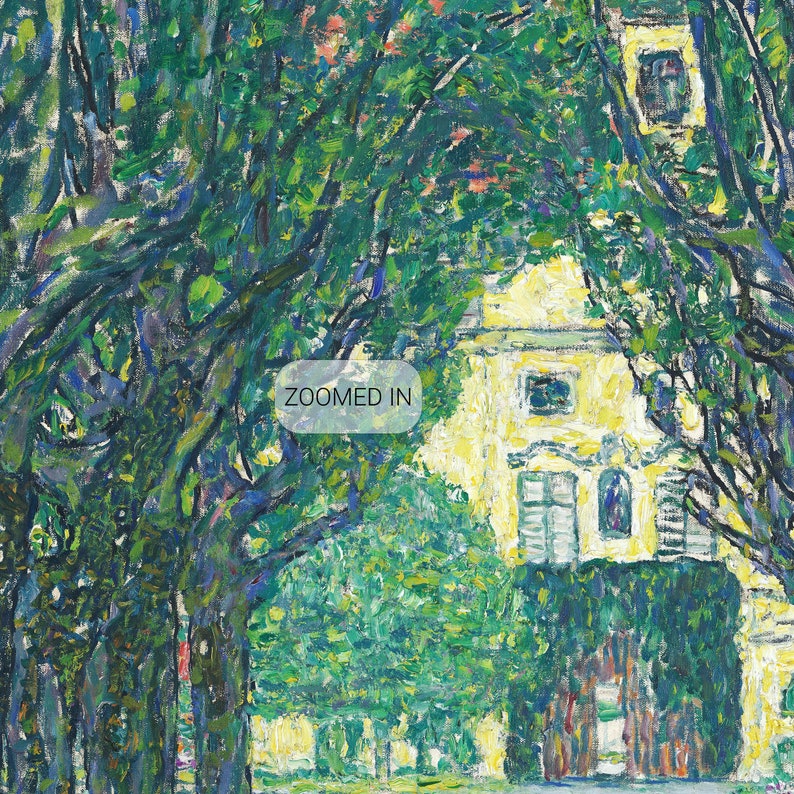 May include: A painting of a yellow building with green trees in front of it. The trees are painted in a thick, impasto style, and the building is painted in a more delicate style. The painting is titled "Zoomed In" in the lower left corner.