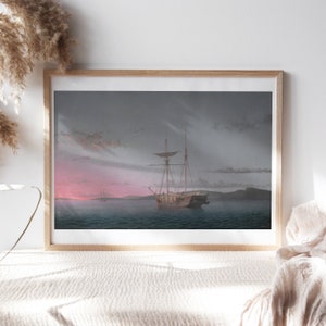 Fitz Henry Lane, Evening on Penobscot Bay, 1863 Fine Art Poster Moody Wall Décor, Famous Painting, Digital Print, Canvas Reproduction Clr187