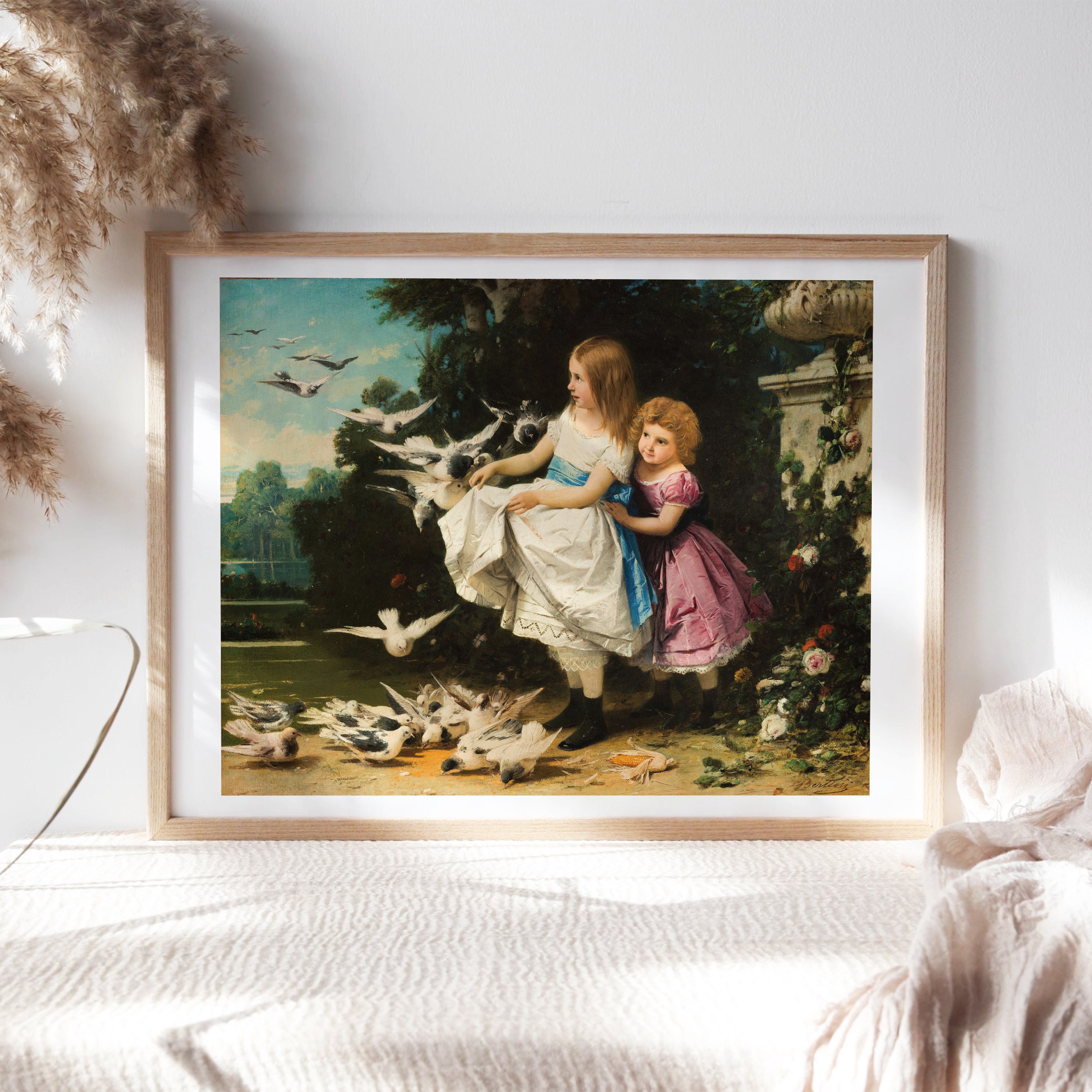 Giuseppe Bertini, Girls Among Doves in a Garden, 1869, Nursery Wall Decor, Canvas Paper, Kids Art, Fine Art Paintings Reproductions Nur-301