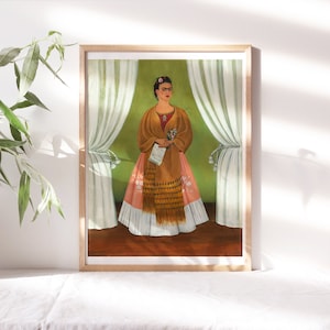 May include: A painting of a woman in a pink and brown dress with a flower in her hand, standing in front of a green background with white curtains on either side.