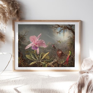 Martin Johnson Heade, Cattleya Orchid and Three Hummingbirds, 1871, Wall Décor Premium Paper, Portrait Art Painting Reproduction Pet-223