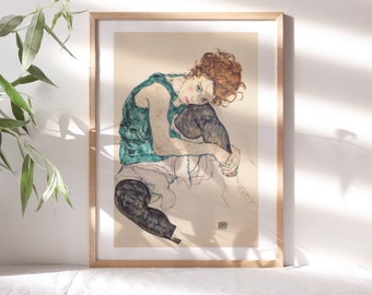 Egon Schiele, Seated Woman with Bent Knee, 1917, Living Room Wall Decor, Premium Canvas Paper, Fine Art Paintings Reproductions TOP-191