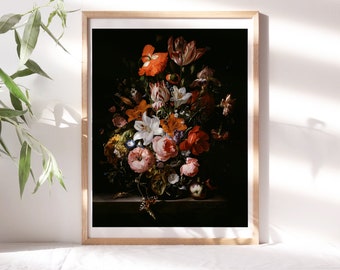 Rachel Ruysch, Flowers in a Glass Vase, 1704 Floral Décor Moody Botanical Still Life Wall Art, Premium Canvas Painting Reproduction Flr-251