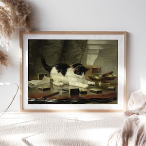 Henriëtte Ronner, The Cat at Play, 1878 Wall Décor, Artwork Premium Canvas Paper, Cat on Desk Animals Painting Reproduction Pet-134