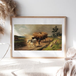 William Hahn, Heuwagen 1872 Wanddekor Premium Leinwand Papier, Pferd und Ochsen ziehen Wagen Porträt, Kunstgemälde Reproduktion Pet-215