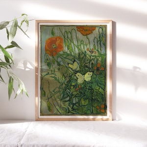 Vincent van Gogh, Butterflies and Poppies, 1890 Wall Décor, Kitchen Wall Canvas Art, Romantic Moody Historical Painting Reproduction Flr-201