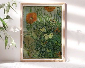 Vincent van Gogh, Butterflies and Poppies, 1890 Wall Décor, Kitchen Wall Canvas Art, Romantic Moody Historical Painting Reproduction Flr-201
