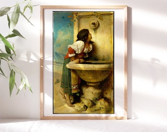 Léon Bonnat, Roman Girl at a Fountain 1875 Fine Art Poster, Moody Wall Décor, Famous Painting, Digital Print, Canvas Art Reproduction Clr309