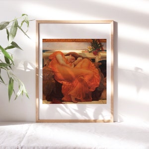 Frederic Leighton, Flaming June, 1895 Wall Décor Premium Canvas Paper, Moody Portrait of a Woman Fine Art Painting Reproduction Fem-148
