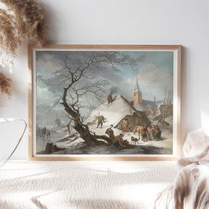 May include: A vintage oil painting depicting a snowy winter scene in a Dutch village. The painting features a church steeple, a snow-covered house, and figures bundled in winter clothing. The scene is filled with a sense of peace and tranquility.