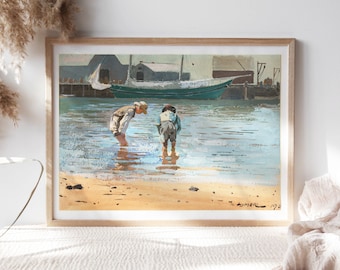 Winslow Homer, Boys Wading, 1873, Nursery Wall Décor, Premium Canvas Paper, Kids Bedroom Wall Art, Fine Art Paintings Reproductions Nur-277
