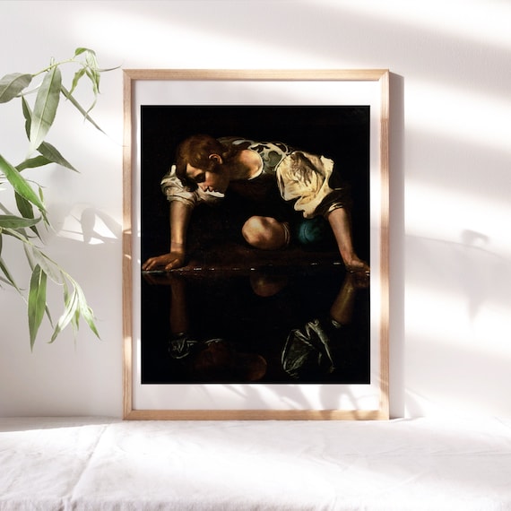 Caravaggio, Narcissus, 1599, Vintage Office Décor, Premium Canvas Paper, Moody Famous Paintings, Art Reproductions TOP-126