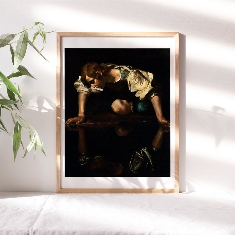 May include: A painting of a young person kneeling and looking into a pool of water. The person is wearing a white and blue shirt and has dark hair. The painting is set against a dark background.