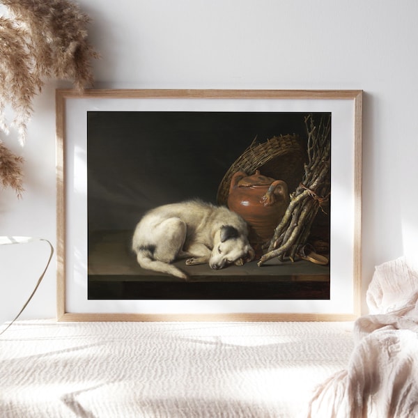 Gerrit Dou, A Sleeping Dog 1650 Wall Décor, Artwork Premium Canvas Paper, White and Black Dog Portrait Fine Painting Reproduction Pet-171