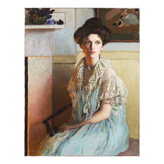 Lilla Cabot Perry, Lady With a Bowl of Violets 1911, Kitchen Wall Décor, Office Moody Wall Art, Wall Art Print, Painting Reproduction Fem154